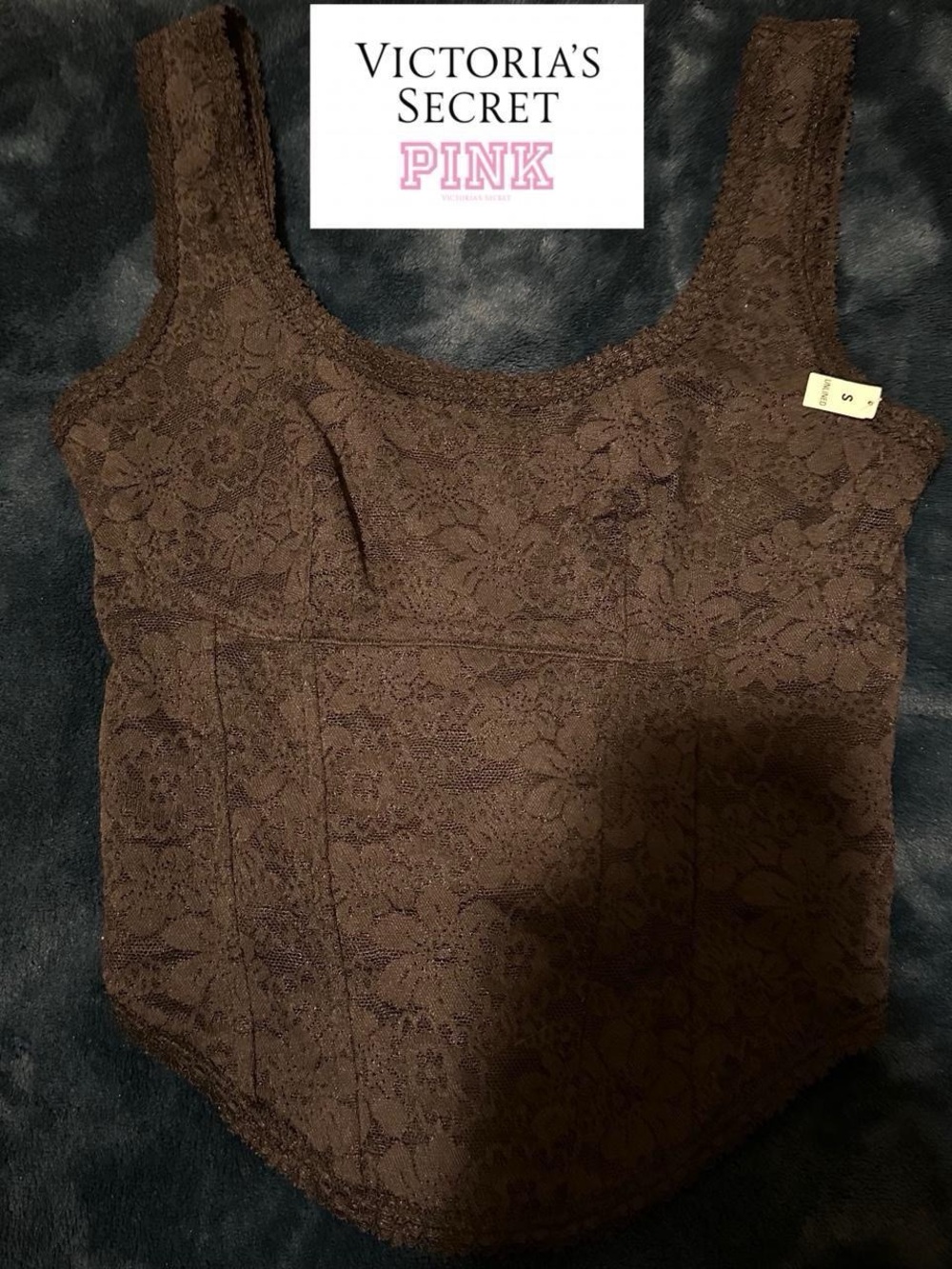 Victoria’s Secret PINK black floral lace tank top cami corset with no ribs.